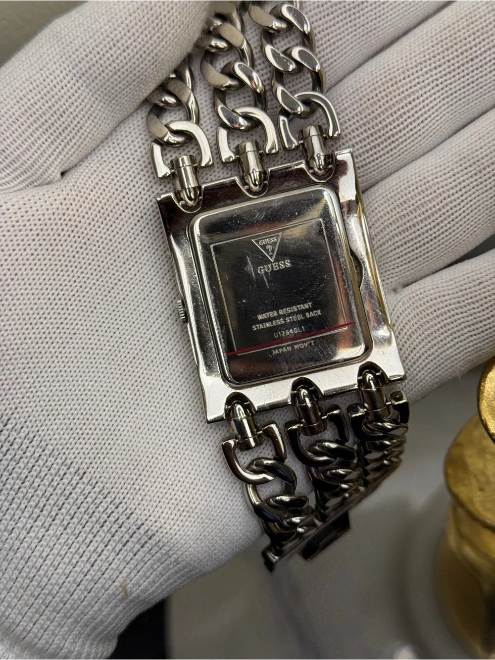 GUESS oversized Silver Crystal-Embellished women’s Chain Bracelet Watch